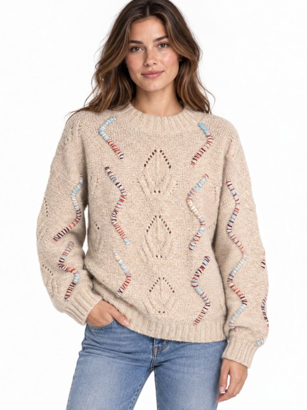 Dreamers by Debut Beige Cable Knit Sweater Pastel Stitching Small
